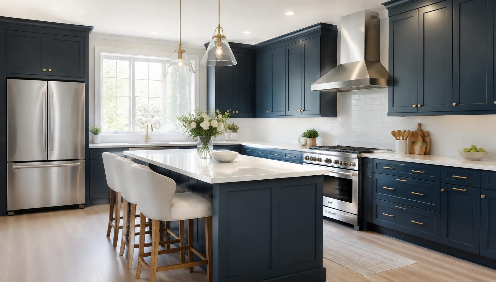 Bright kitchen with navy cabinets and appliances